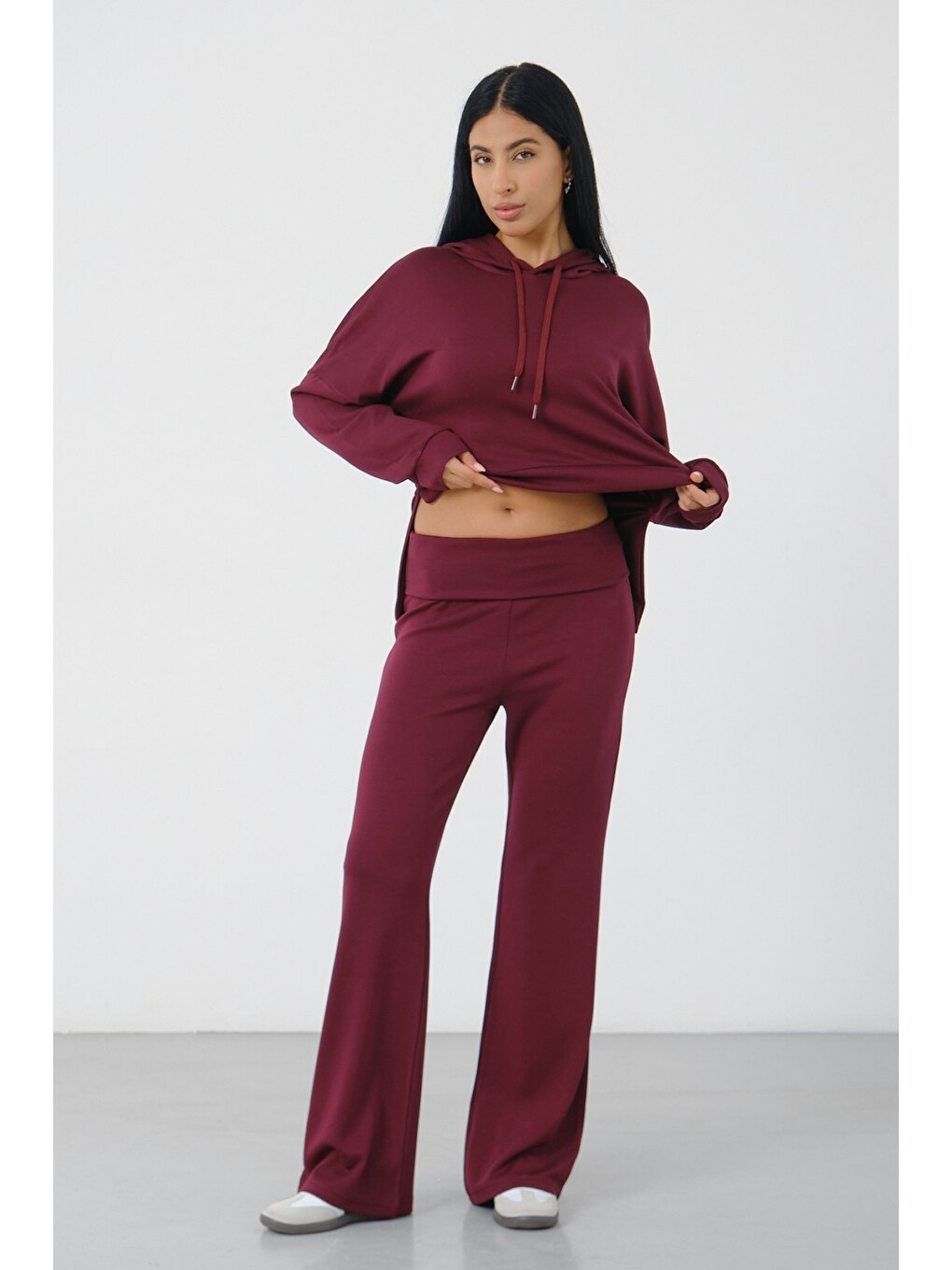 Bordo Kadın Kapüşonlu Salaş Takım Oversize Sweat ve Geniş Paça Alt-5