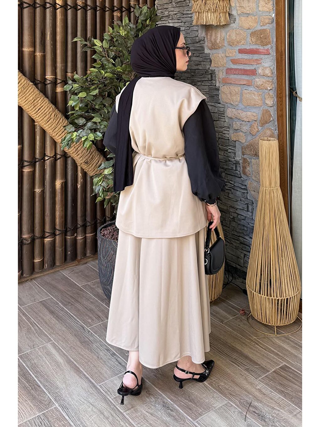 Bej Yelek-Etek İkili Tesettür Takım Vizonrengi-3