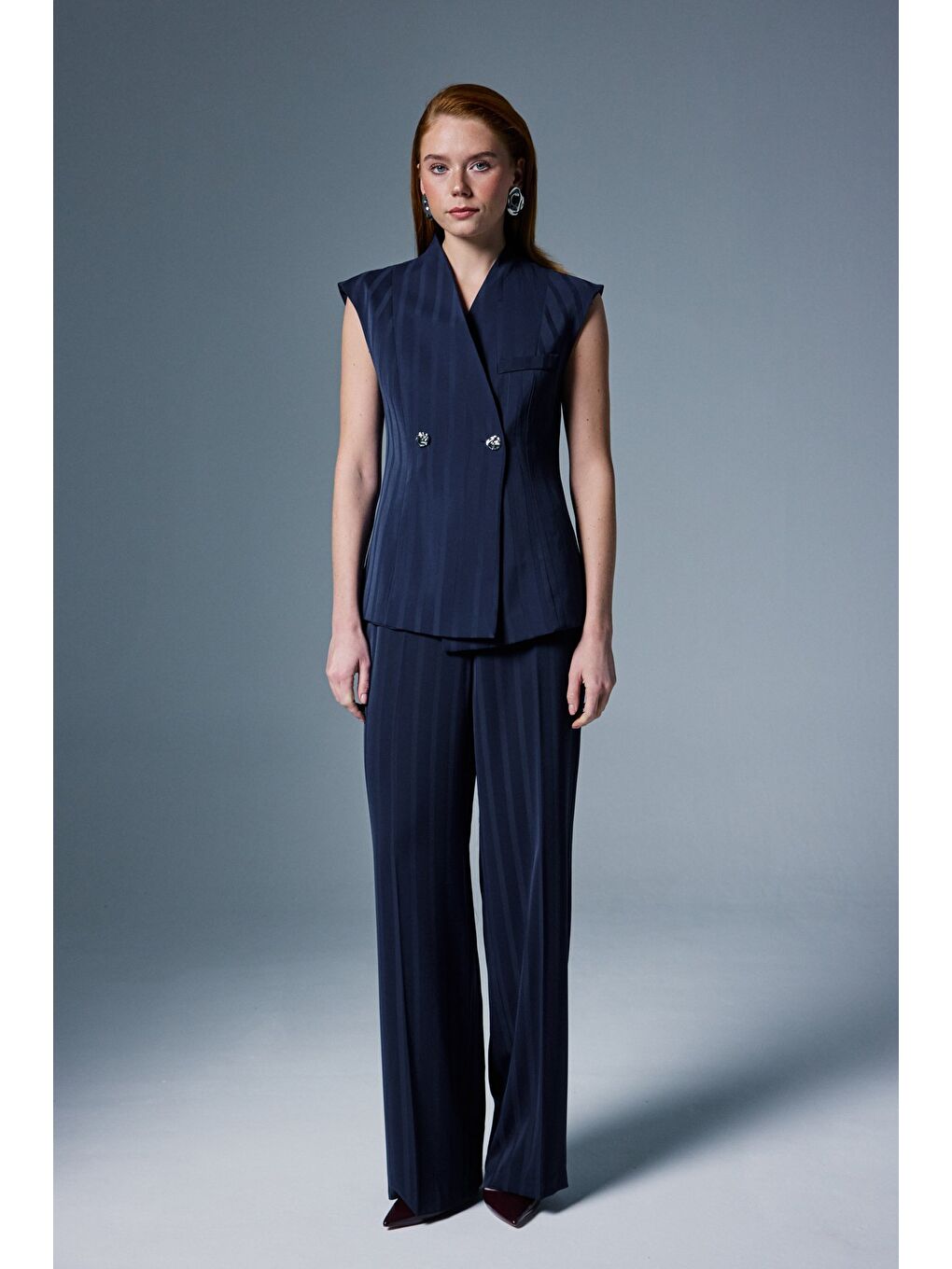 Anna Çizgili Pantolon - Lacivert-2