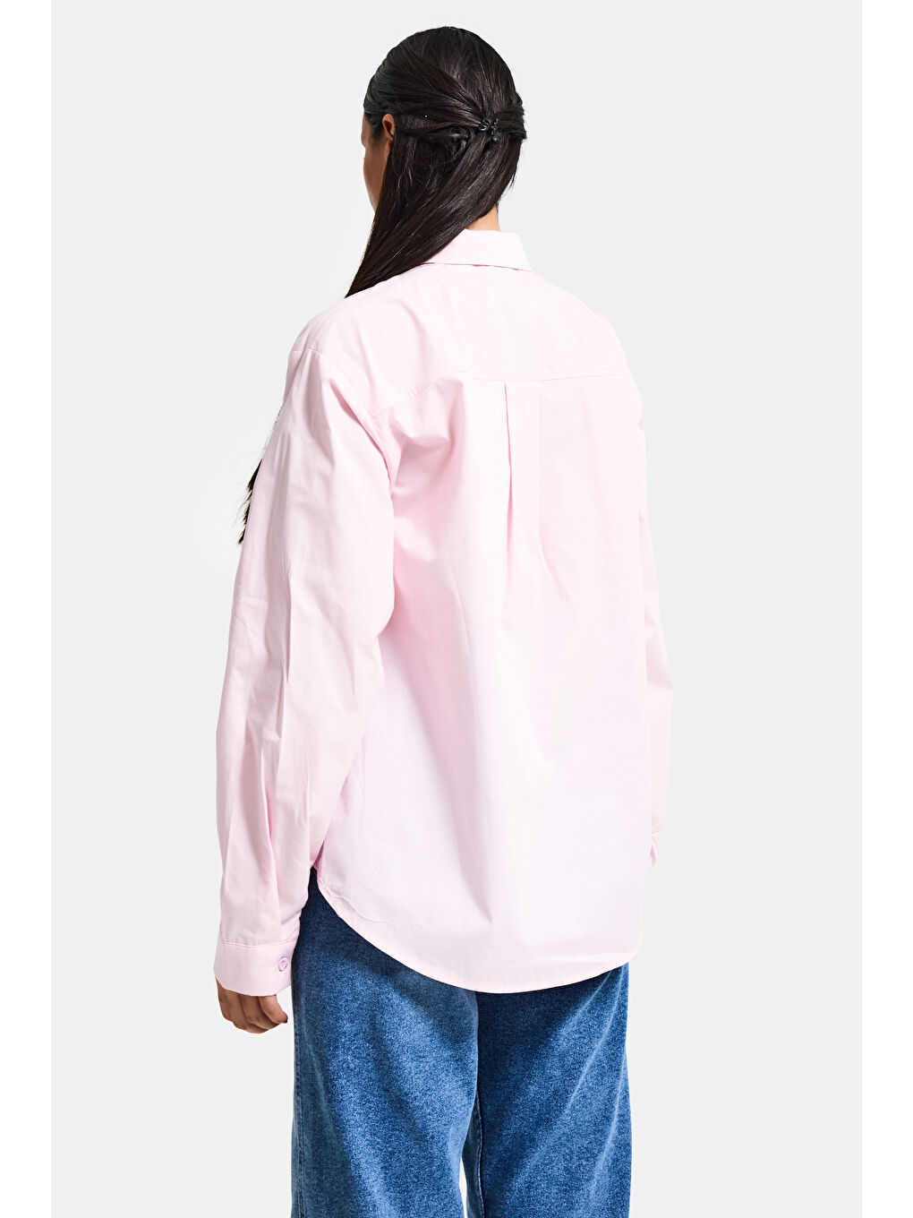 Kadın Pembe Oversize Kravat Detaylı Özel Tasarım Bol Kesim Gömlek-5