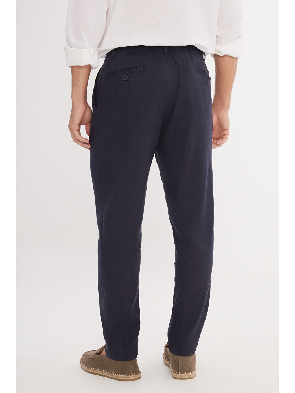 Erkek Lacivert Keten Slim Fit Dar Kesim Beli Lastikli Yan Cepli Esnek Pantolon-5