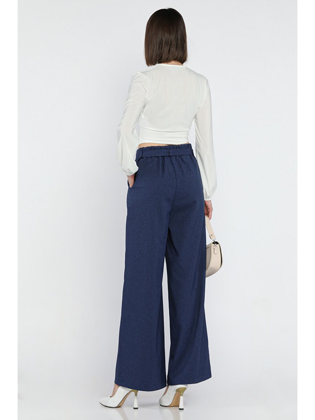 Lacivert Kadın Yüksek Bel Kemer Detaylı Pileli Pantolon-2