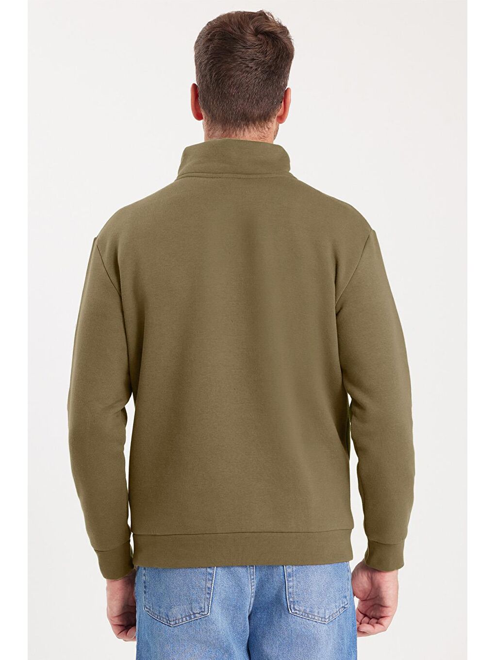 Unisex Relax Fit Rahat Kesim Pamuklu İçi Polarlı Yarım Fermuarlı Haki Dik Yaka Sweatshirt-6