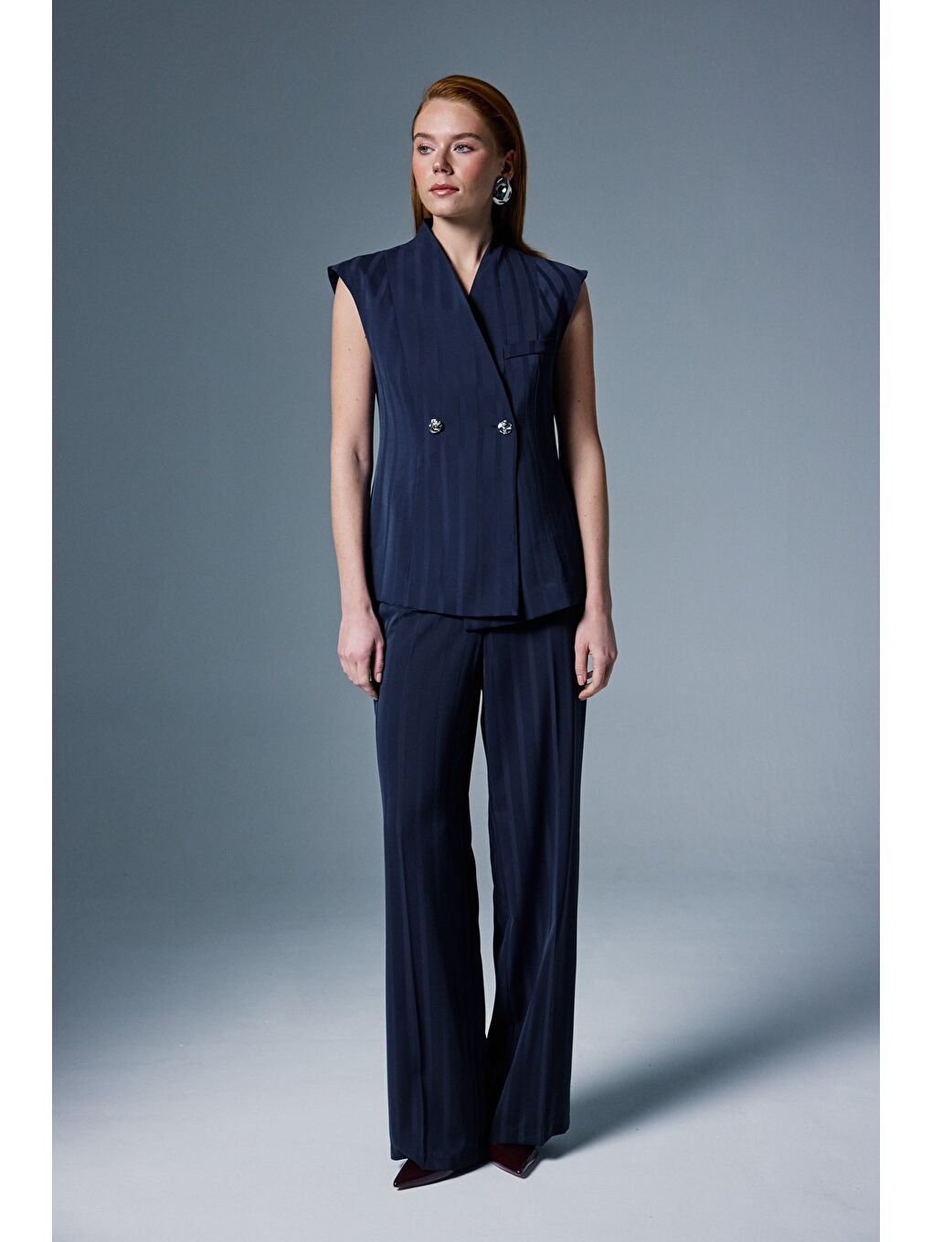 Anna Çizgili Pantolon - Lacivert-3