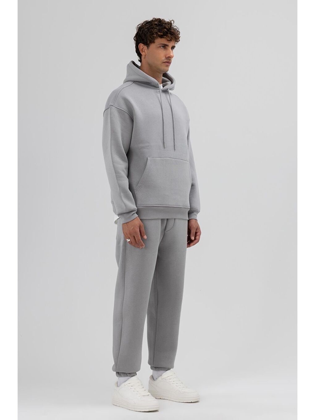 Basic Oversize Kapüşonlu Sweatshirt Gri-1