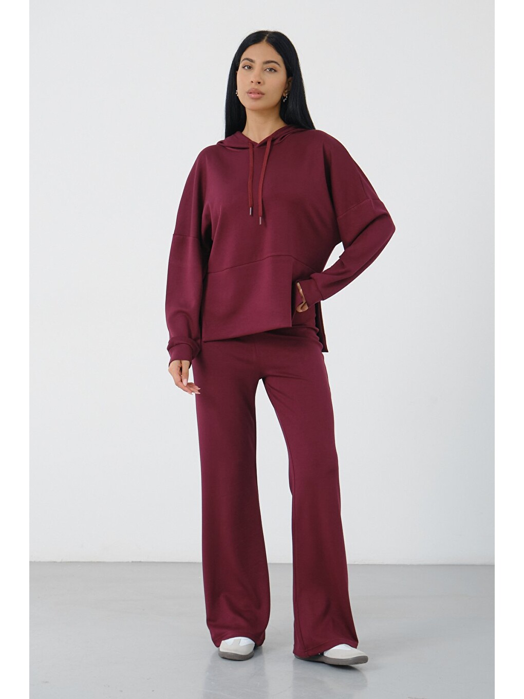 Bordo Kadın Kapüşonlu Salaş Takım Oversize Sweat ve Geniş Paça Alt-6