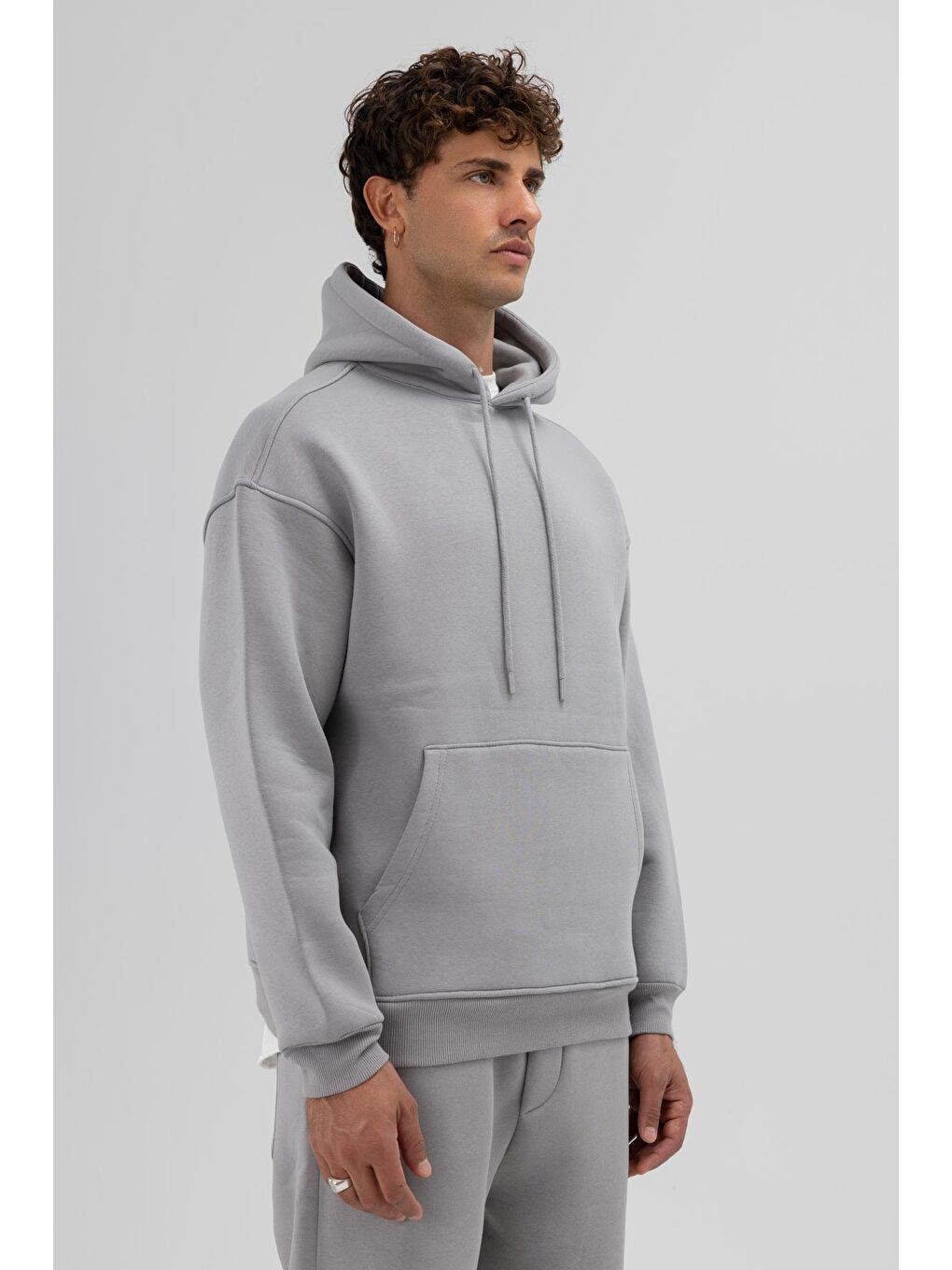 Basic Oversize Kapüşonlu Sweatshirt Gri-2
