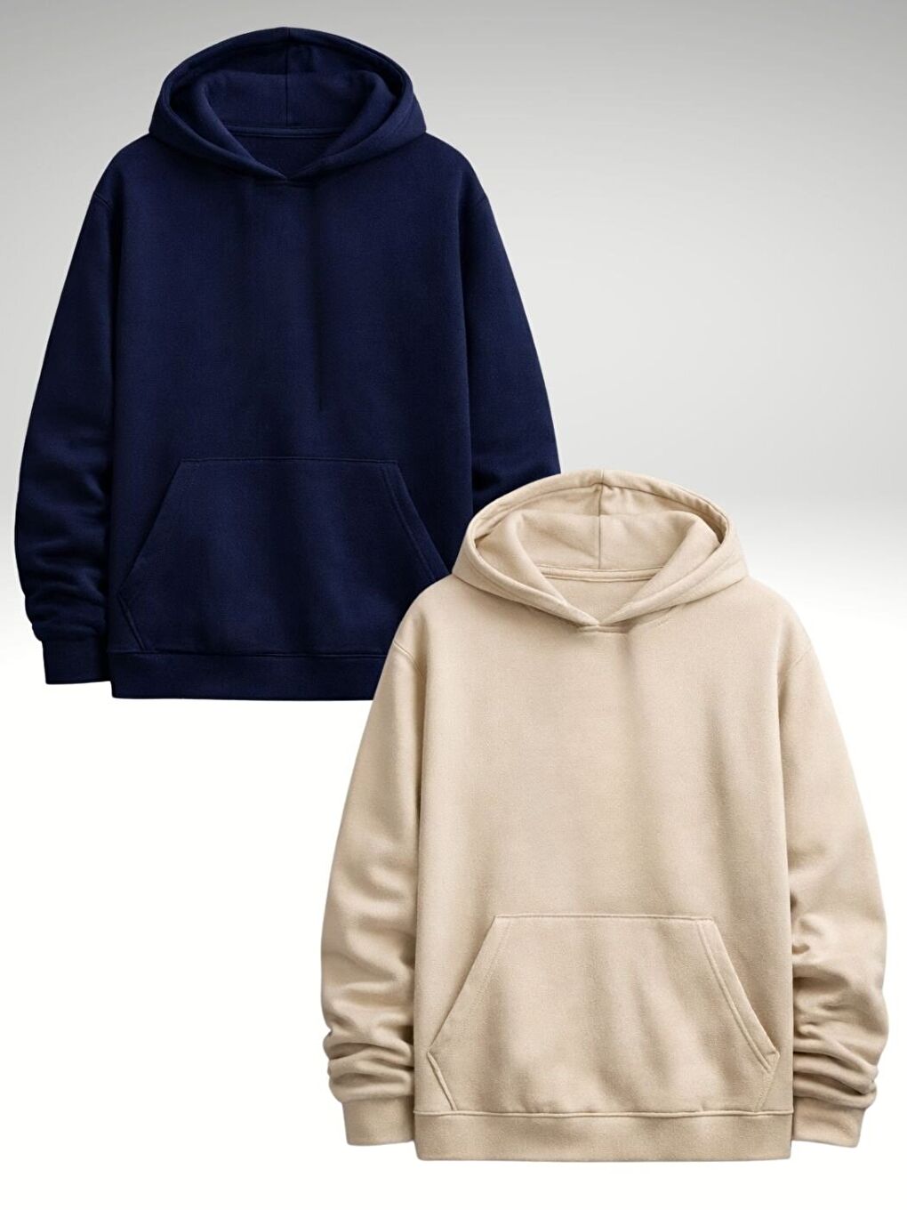 Lacivert Unisex Laci Bej Düz Kapüşonlu Sweatshirt Hoodie 2Li