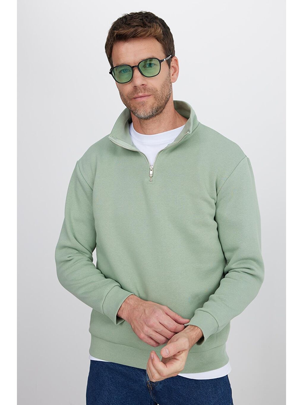 Unisex Relax Fit Rahat Kesim Pamuklu İçi Polarlı Yarım Fermuarlı Yeşil Dik Yaka Sweatshirt