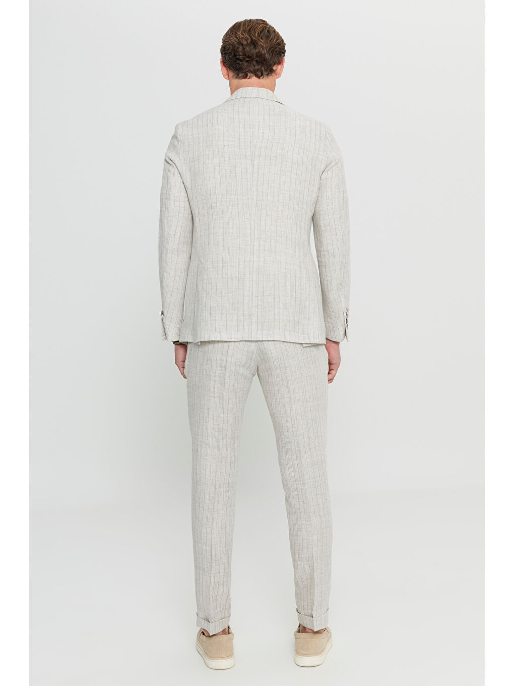 Erkek Bej %100 Keten Slim Fit Dar Kesim Kırlangıç Yaka Torba Cepli Kruvaze Takım Elbise-6