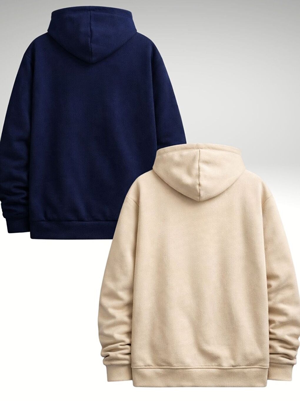 Lacivert Unisex Laci Bej Düz Kapüşonlu Sweatshirt Hoodie 2Li-1