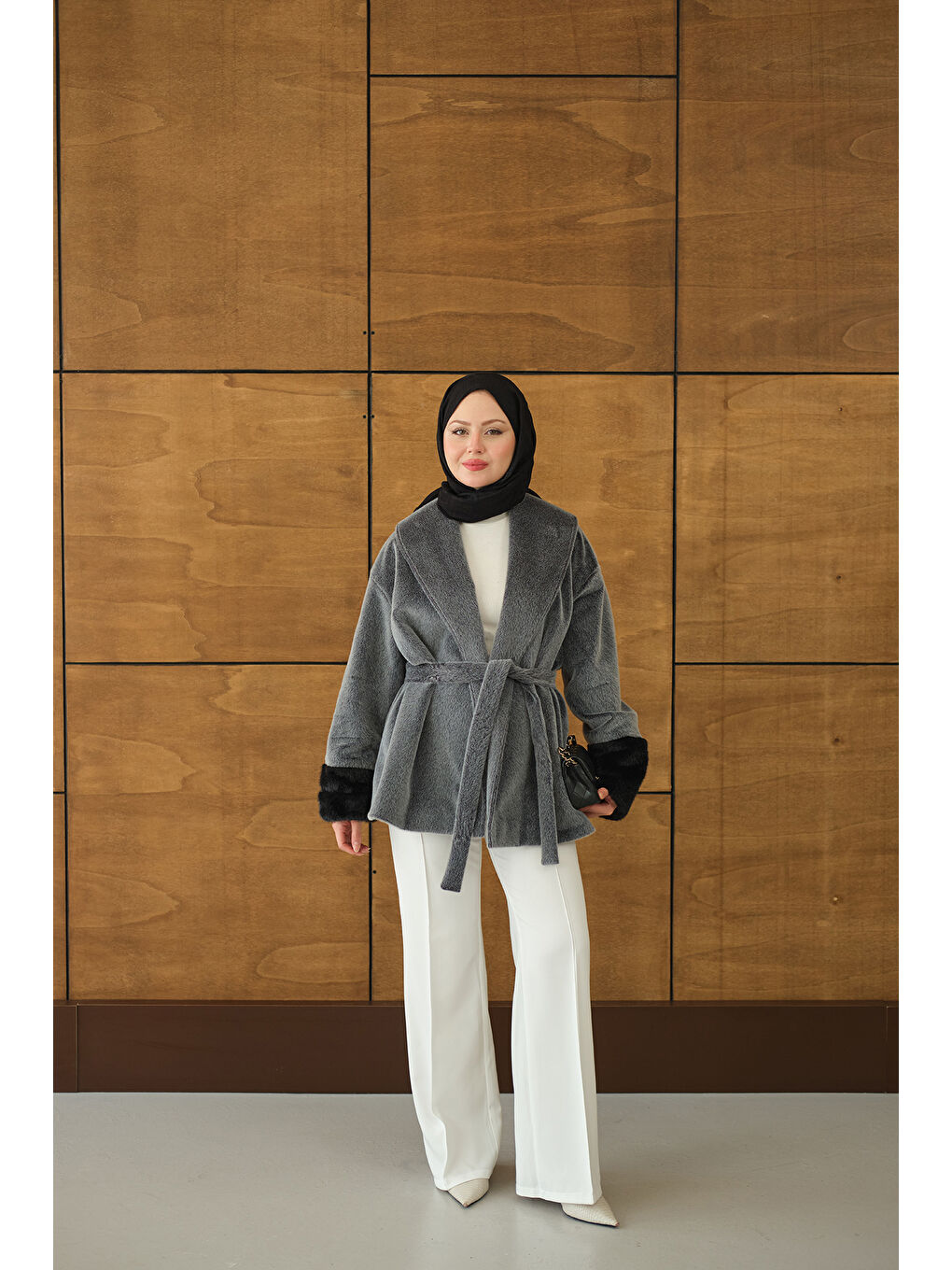 Kahverengi Kadın Kruvaze Yaka Kısa Ceket Gri-1