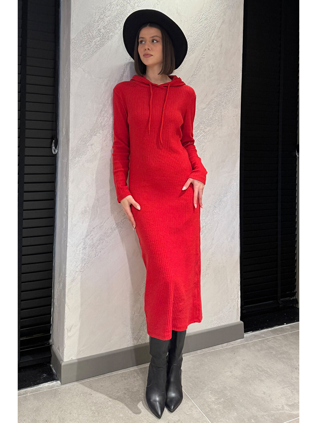 Kırmızı Kadın Kapüşonlu Fitilli Elbise-1