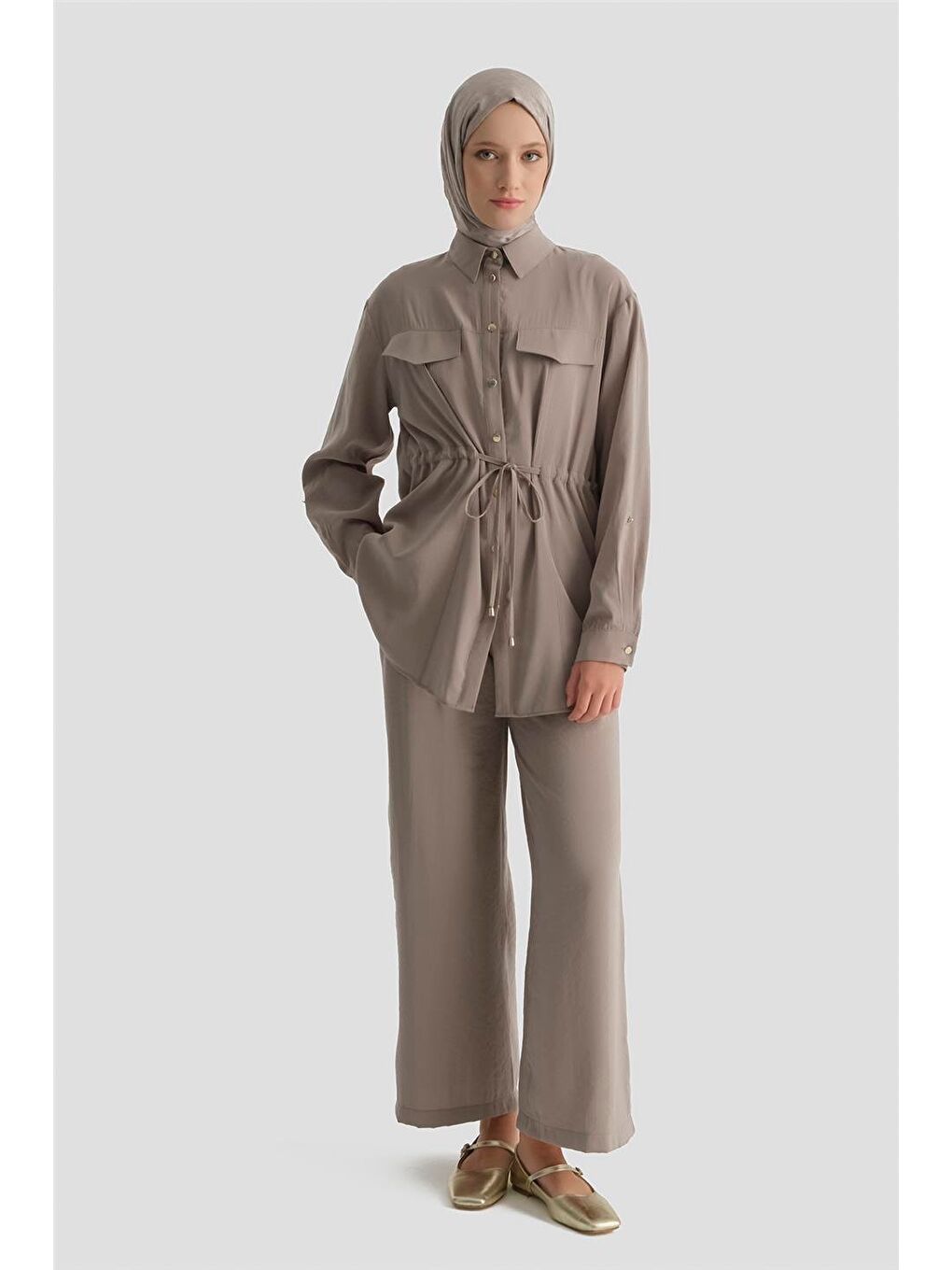 Bej Cepli Pantolon Takım Vizon