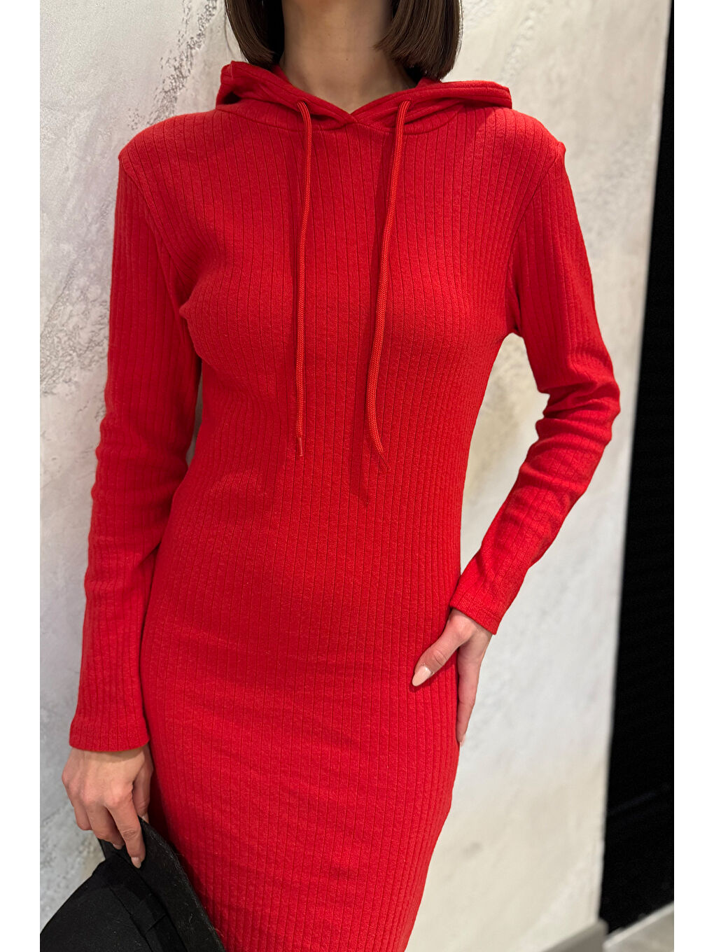 Kırmızı Kadın Kapüşonlu Fitilli Elbise-2