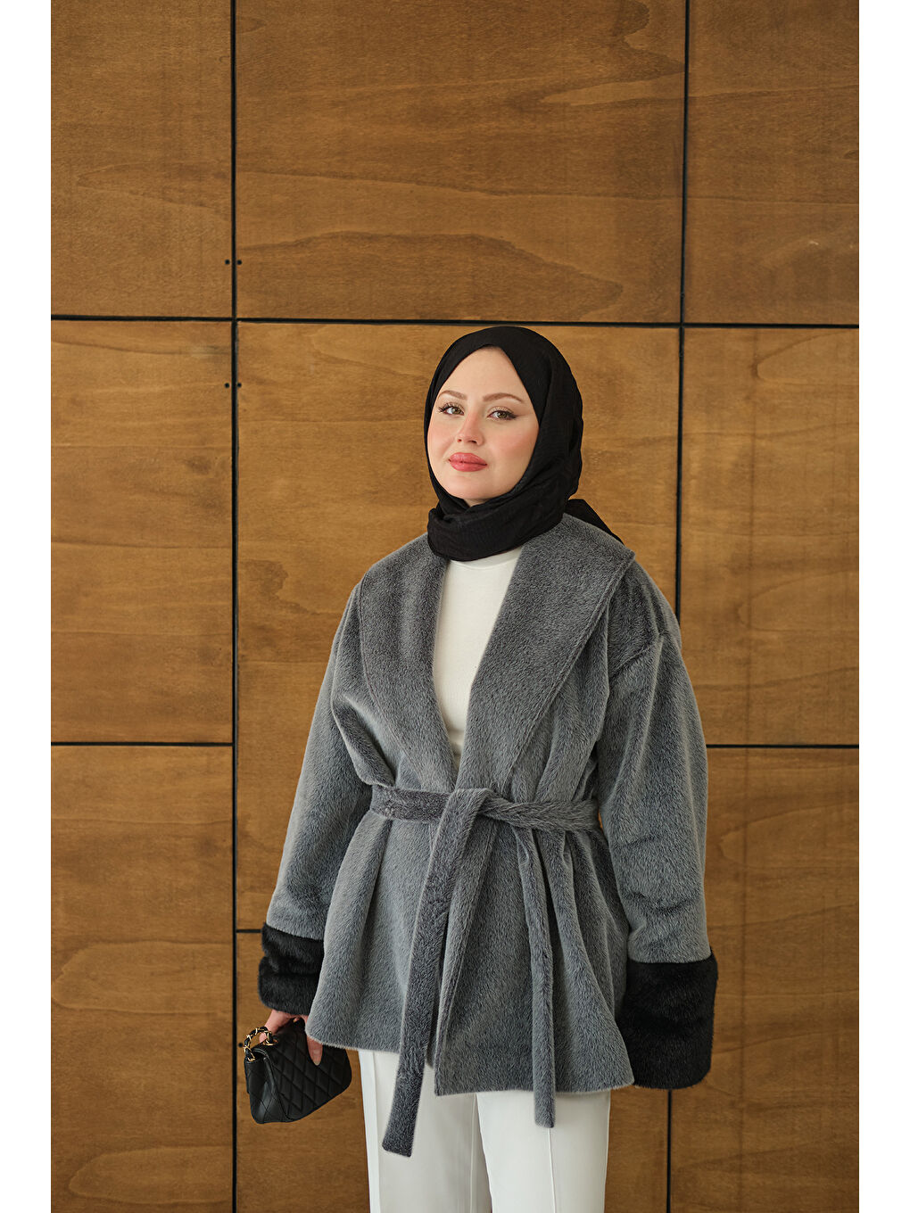 Kahverengi Kadın Kruvaze Yaka Kısa Ceket Gri-2