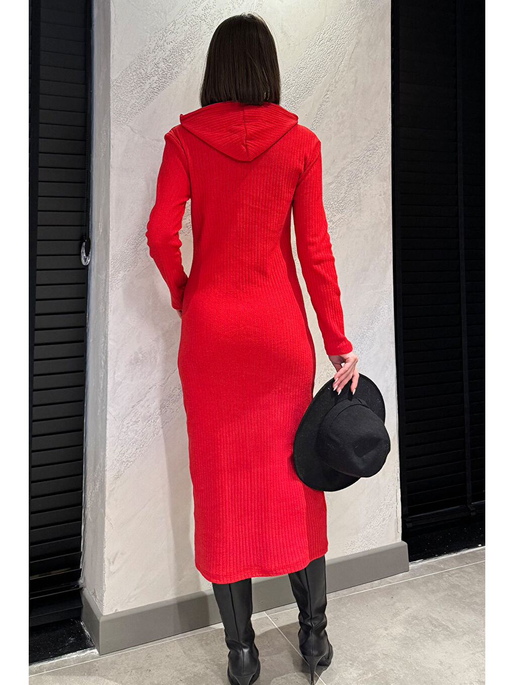 Kırmızı Kadın Kapüşonlu Fitilli Elbise-3