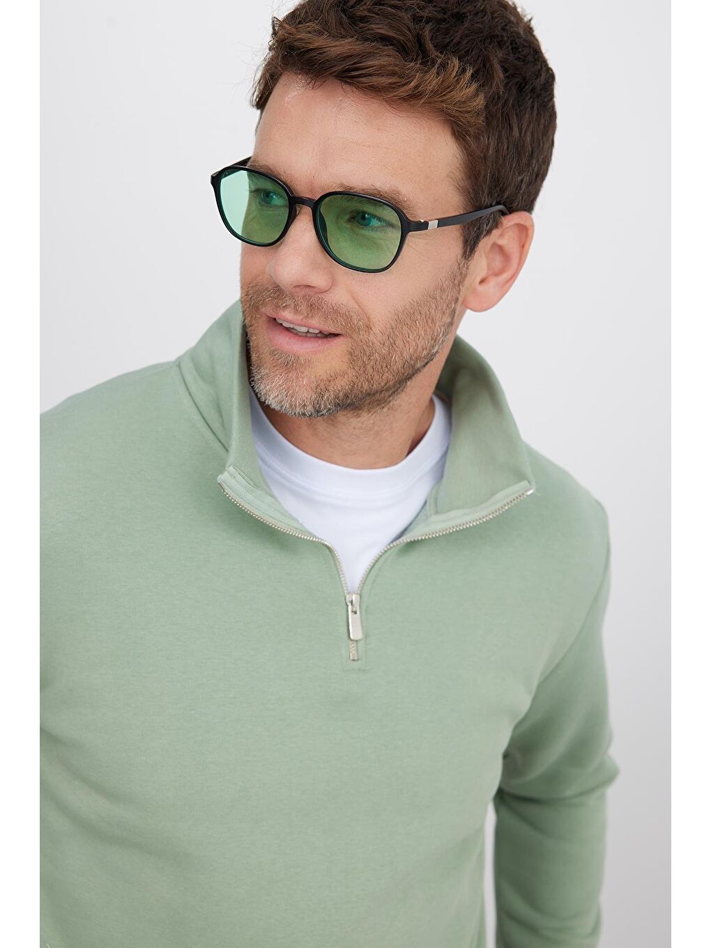 Unisex Relax Fit Rahat Kesim Pamuklu İçi Polarlı Yarım Fermuarlı Yeşil Dik Yaka Sweatshirt-1
