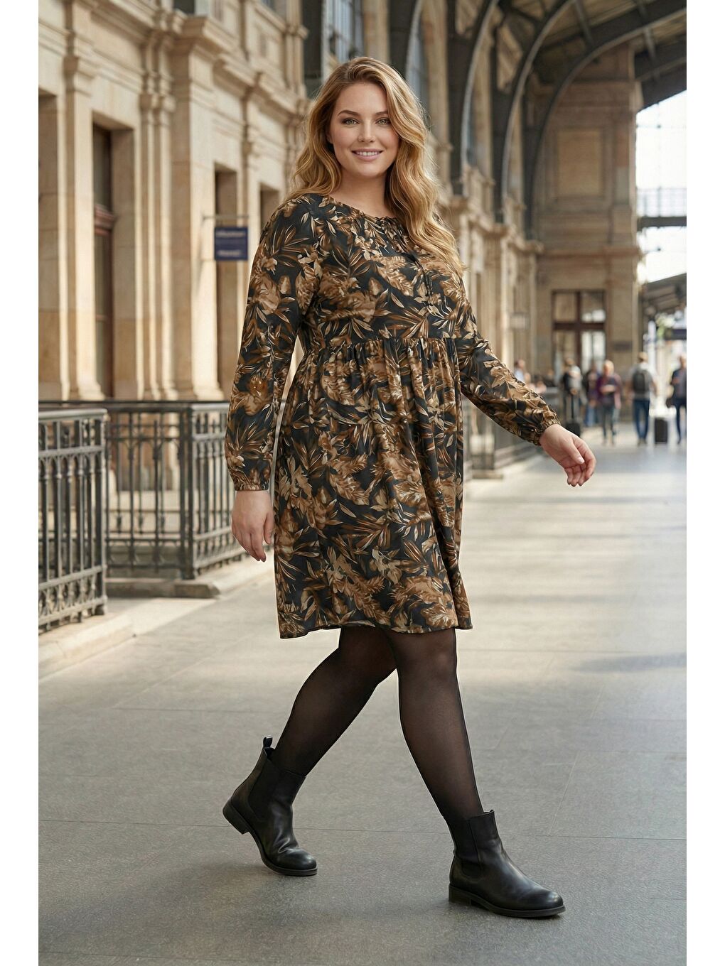 Kahverengi Büyük Beden Yakası İp Detaylı Beli Lastikli Midi Elbise Kahve 303387-1