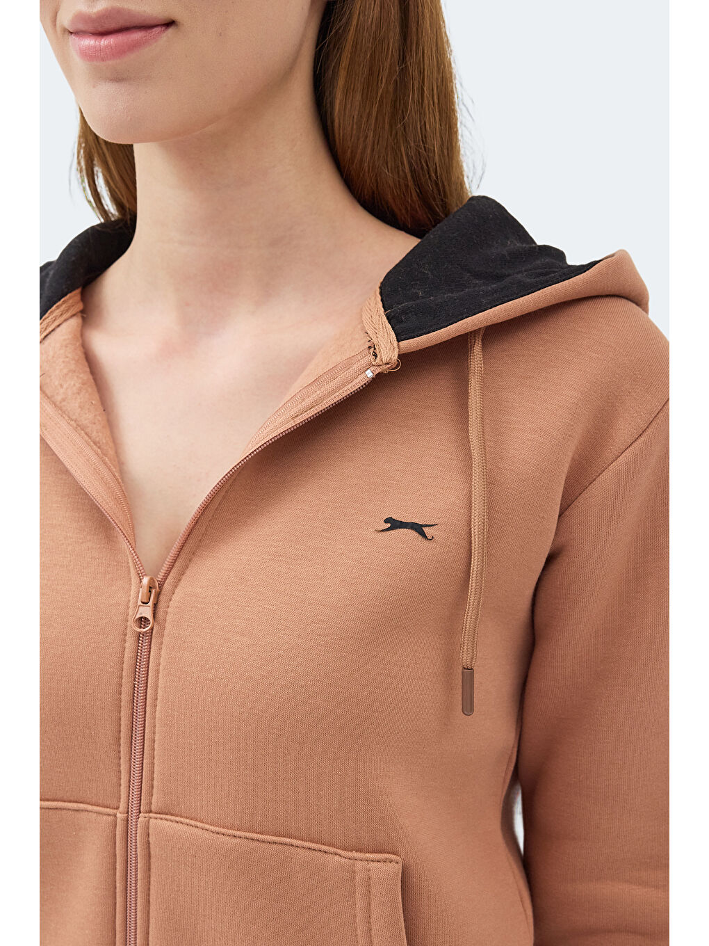 Kahverengi MILIO I Kadın Fermuarlı Kapüşonlu Cepli Camel Sweatshırt-1