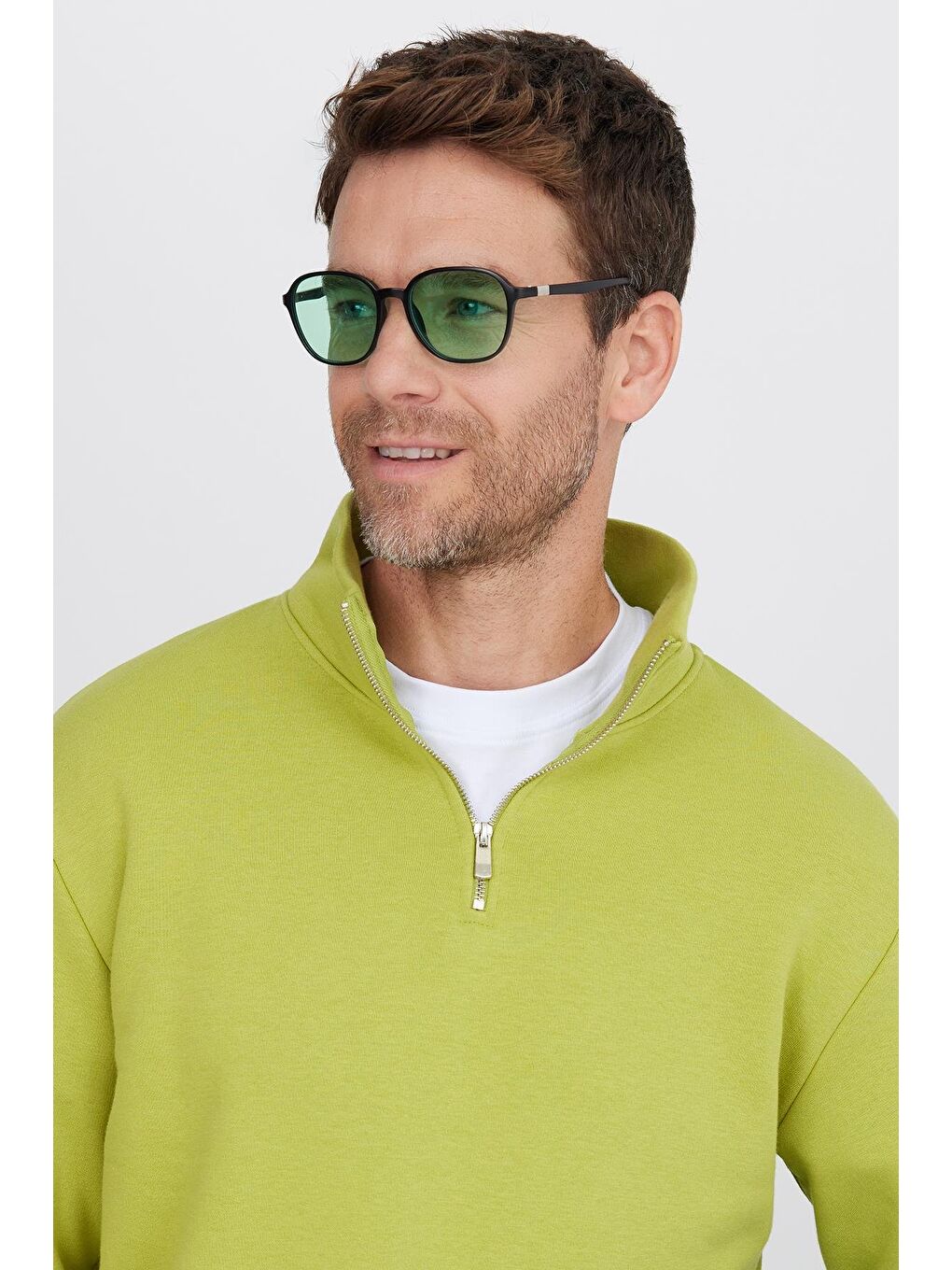 Unisex Relax Fit Rahat Kesim Pamuklu İçi Polarlı Yarım Fermuarlı Yeşil Dik Yaka Sweatshirt-1