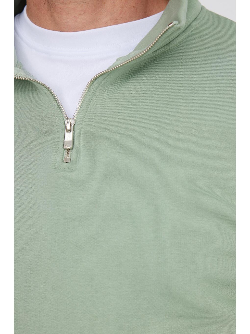 Unisex Relax Fit Rahat Kesim Pamuklu İçi Polarlı Yarım Fermuarlı Yeşil Dik Yaka Sweatshirt-2