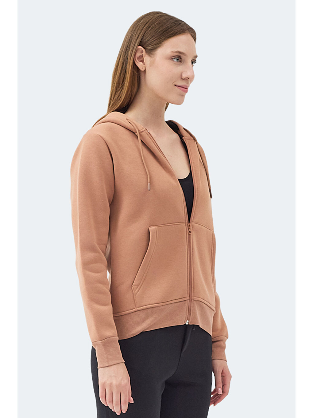 Kahverengi MILIO I Kadın Fermuarlı Kapüşonlu Cepli Camel Sweatshırt-3