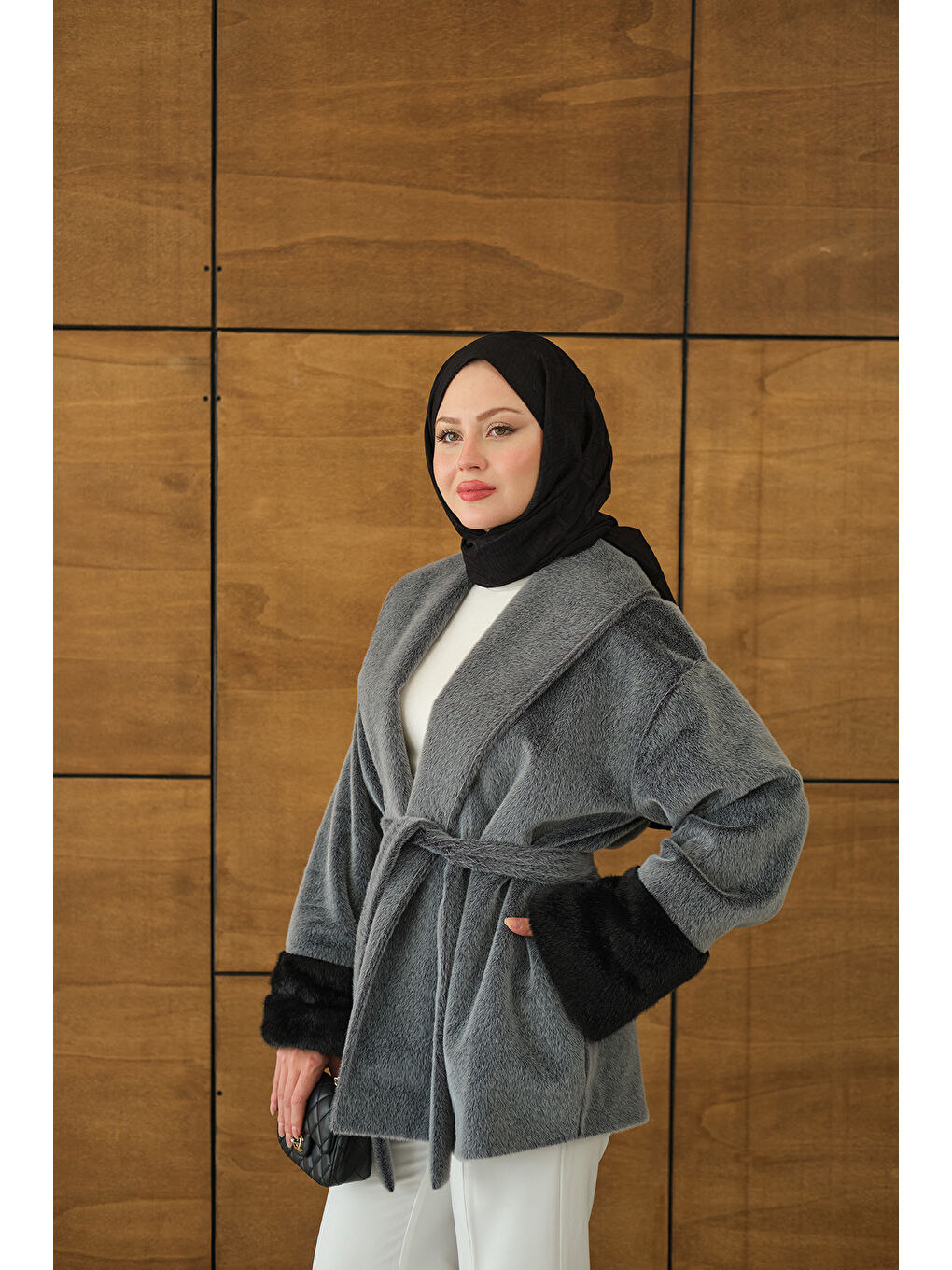 Kahverengi Kadın Kruvaze Yaka Kısa Ceket Gri-3