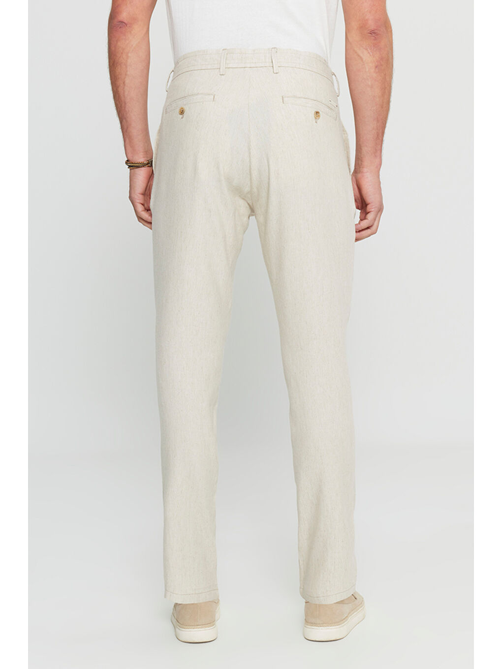 Erkek Bej Slim Fit Dar Kesim Beli Bağlamalı Yan Cepli Balıksırtı Desenli Pantolon-4