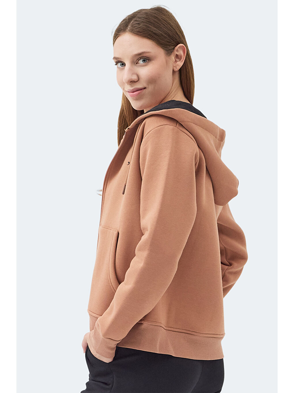 Kahverengi MILIO I Kadın Fermuarlı Kapüşonlu Cepli Camel Sweatshırt-5