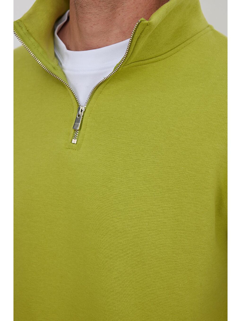 Unisex Relax Fit Rahat Kesim Pamuklu İçi Polarlı Yarım Fermuarlı Yeşil Dik Yaka Sweatshirt-2