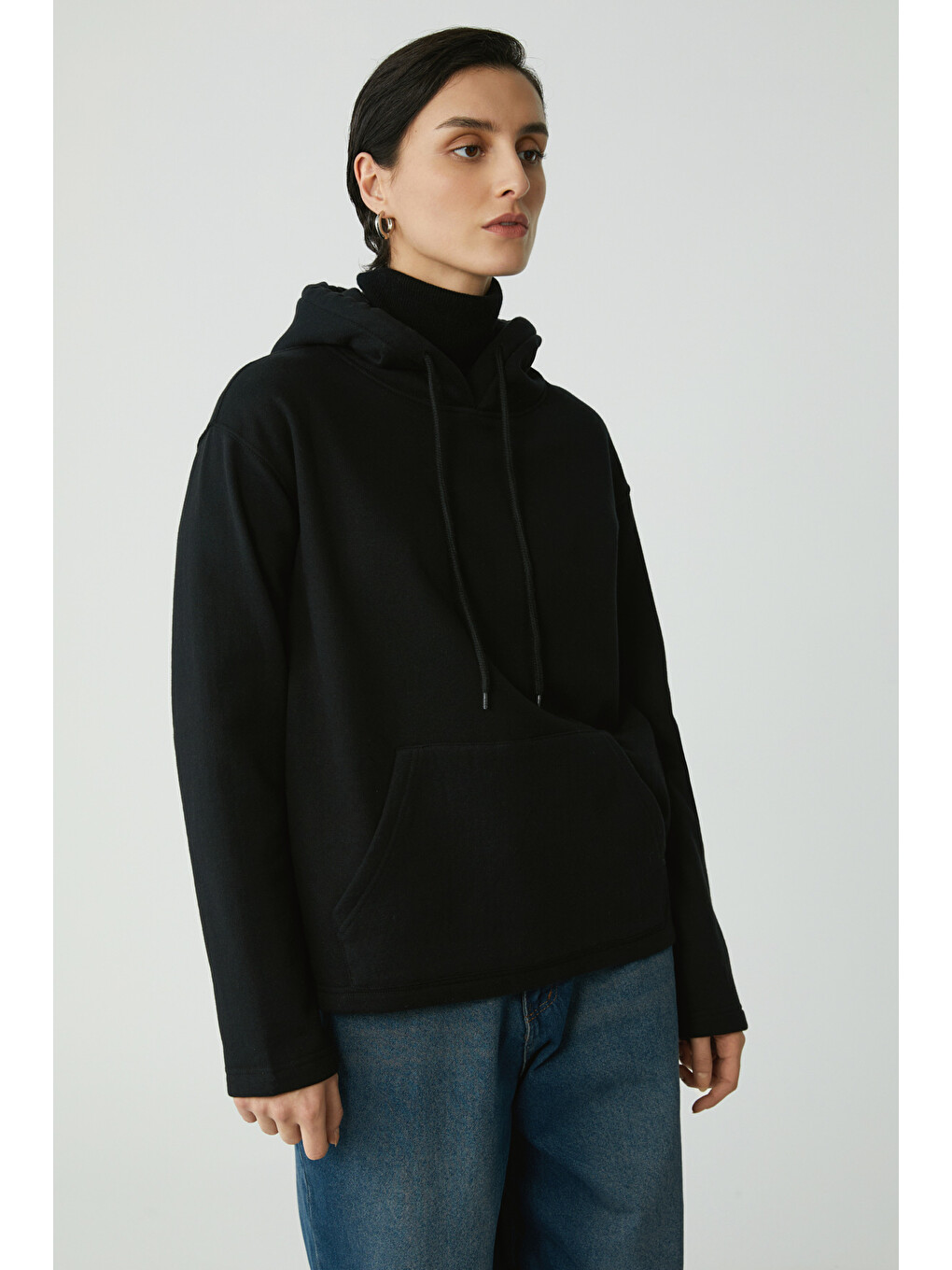 Pıper Kadın Içi Polarlı Yumuşacık Comfort Fit Kapüşonlu Kanguru Cepli Siyah Sweatshirt-2