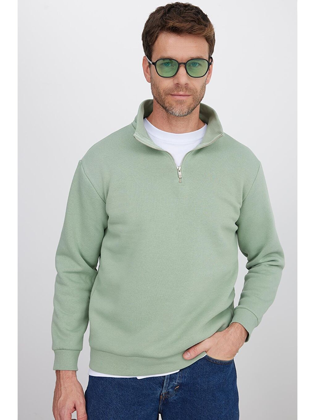 Unisex Relax Fit Rahat Kesim Pamuklu İçi Polarlı Yarım Fermuarlı Yeşil Dik Yaka Sweatshirt-3