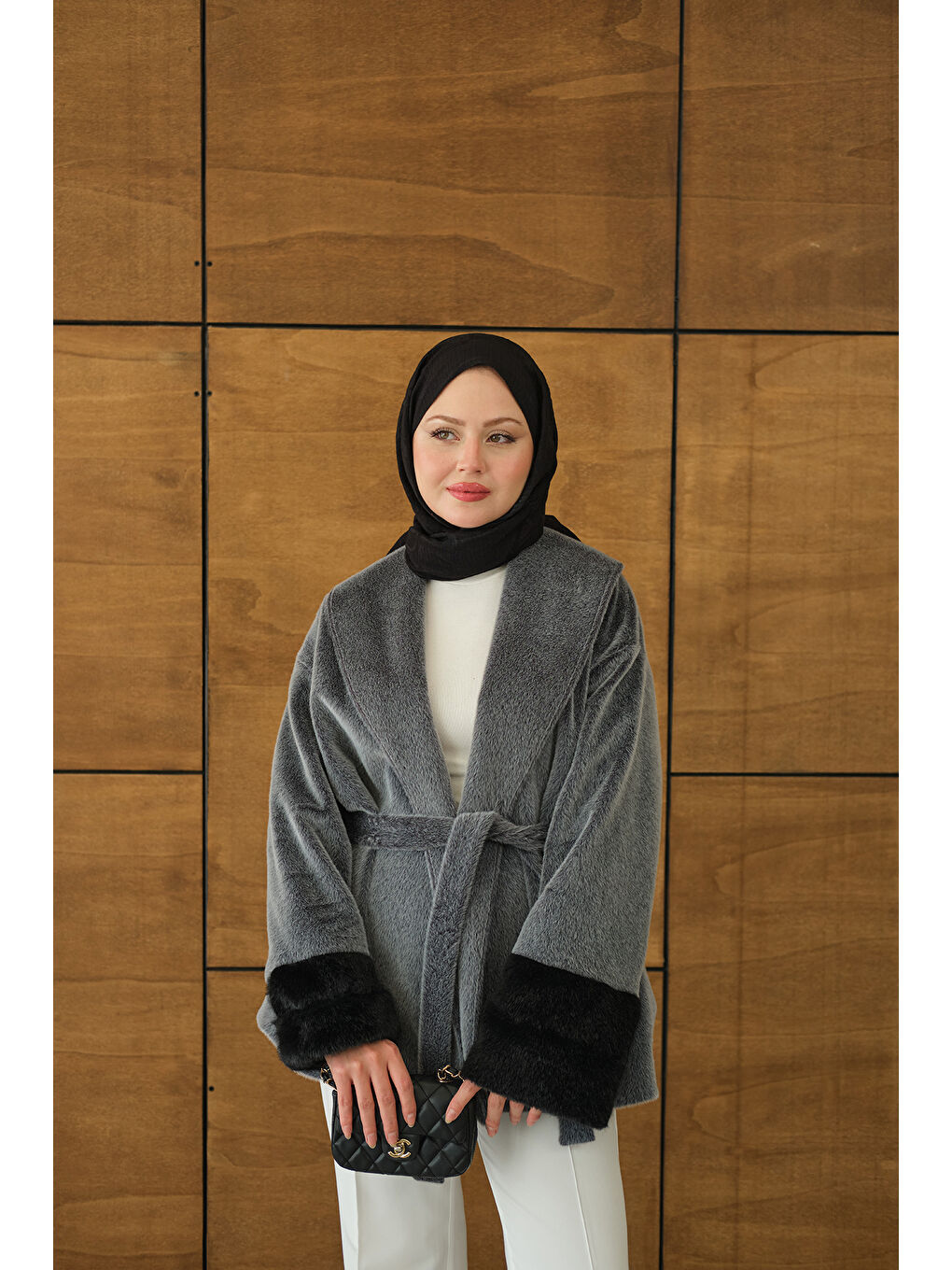 Kahverengi Kadın Kruvaze Yaka Kısa Ceket Gri-4