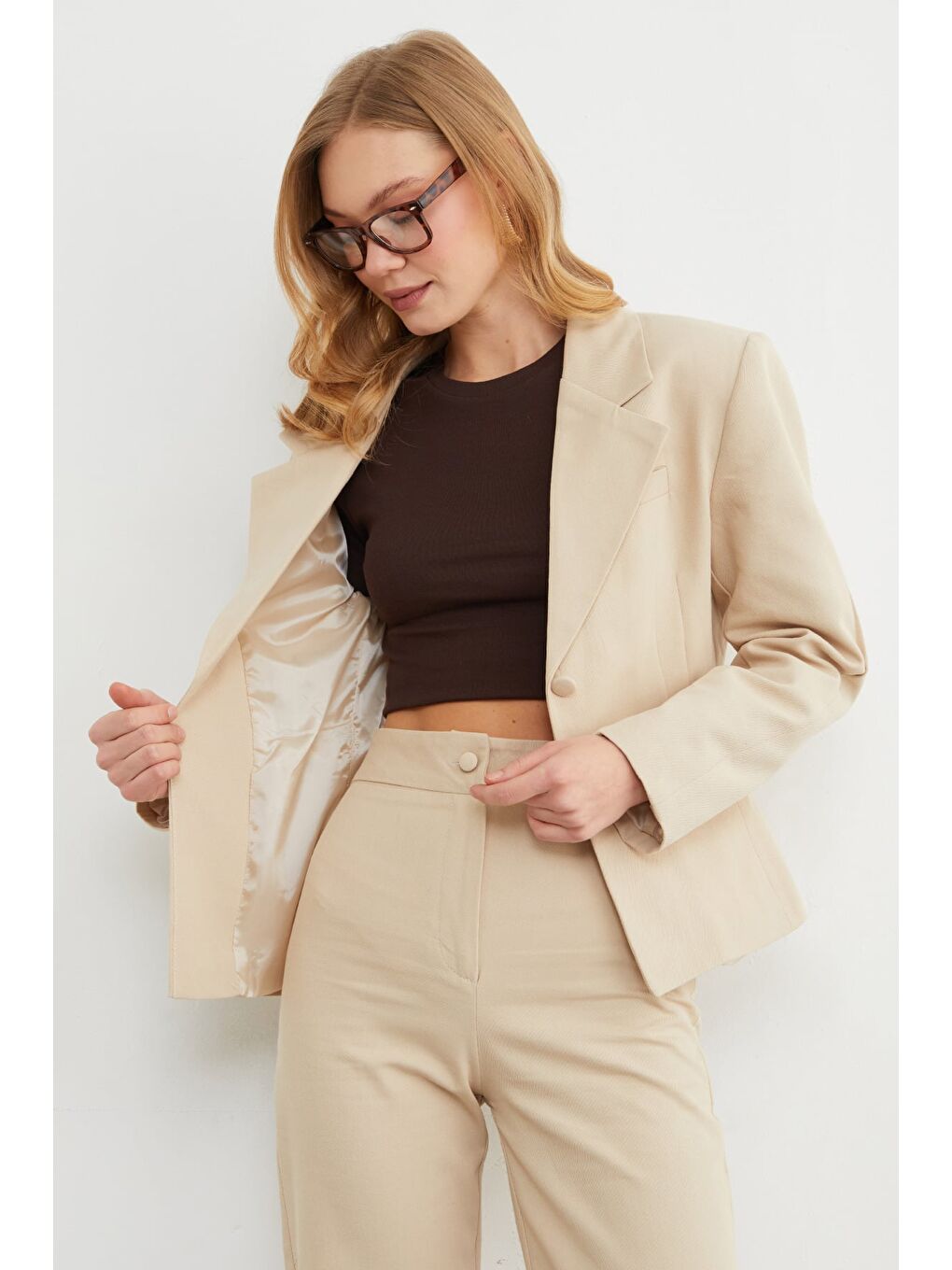 Bej Fleto Cepli Tek Düğmeli Slim Fit Ceket-3