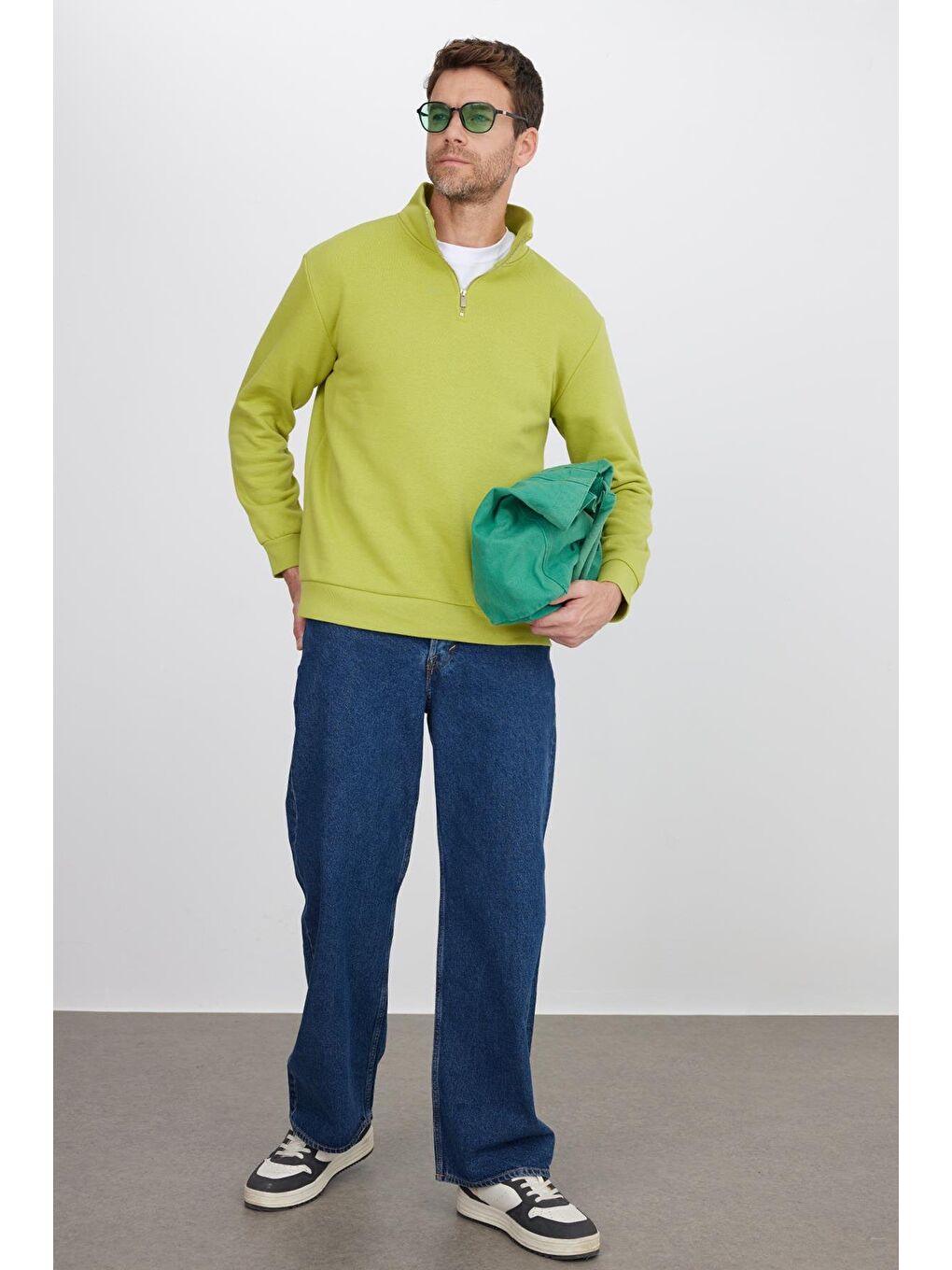 Unisex Relax Fit Rahat Kesim Pamuklu İçi Polarlı Yarım Fermuarlı Yeşil Dik Yaka Sweatshirt-3