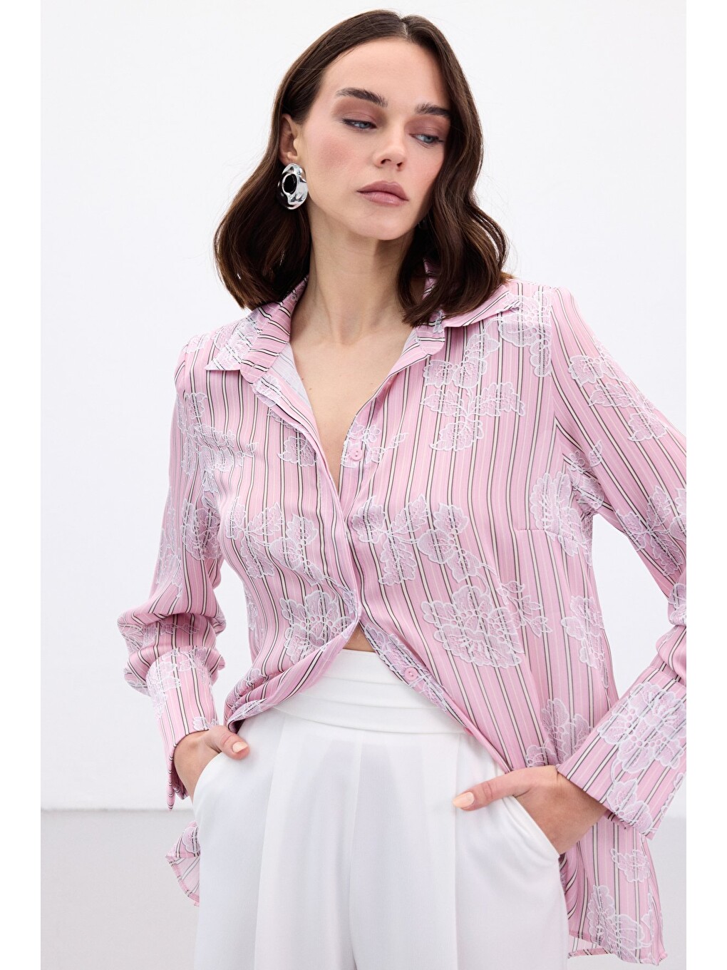 Geniş Manşetli Gömlek - Pembe-4