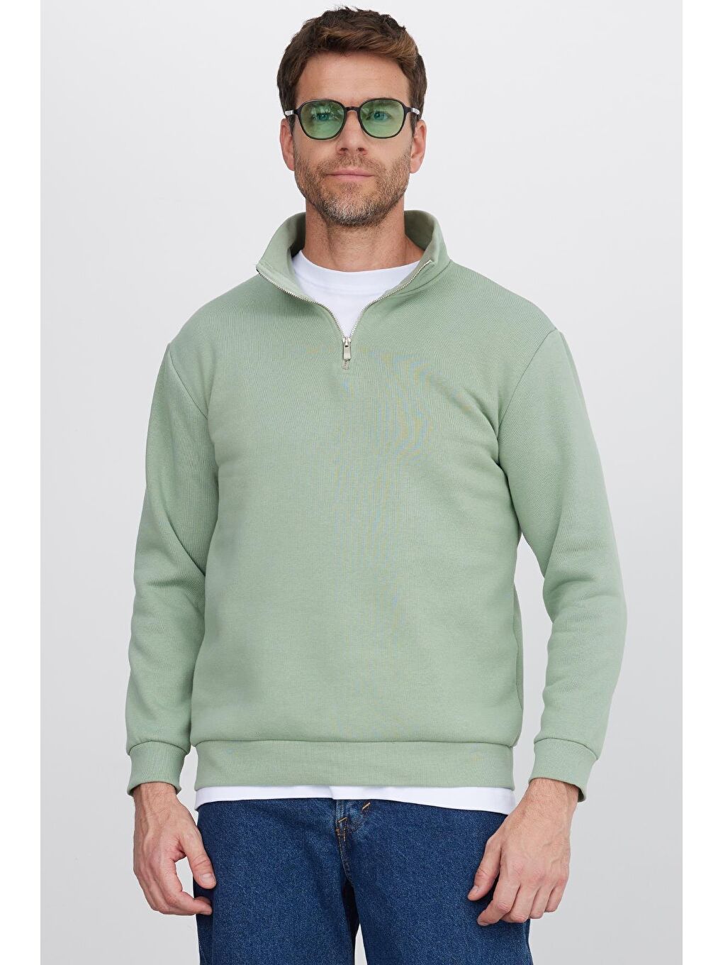 Unisex Relax Fit Rahat Kesim Pamuklu İçi Polarlı Yarım Fermuarlı Yeşil Dik Yaka Sweatshirt-4