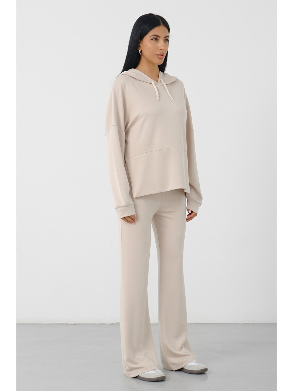 Bej Taş Kadın Kapüşonlu Salaş Takım Oversize Sweat ve Geniş Paça Alt-1