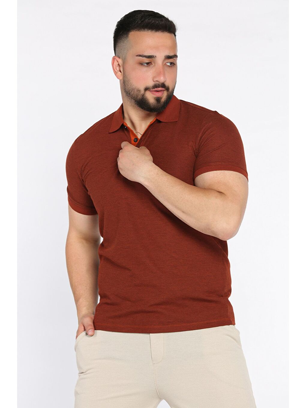Kahverengi Erkek Polo Yaka Yarım Düğmeli Tişört