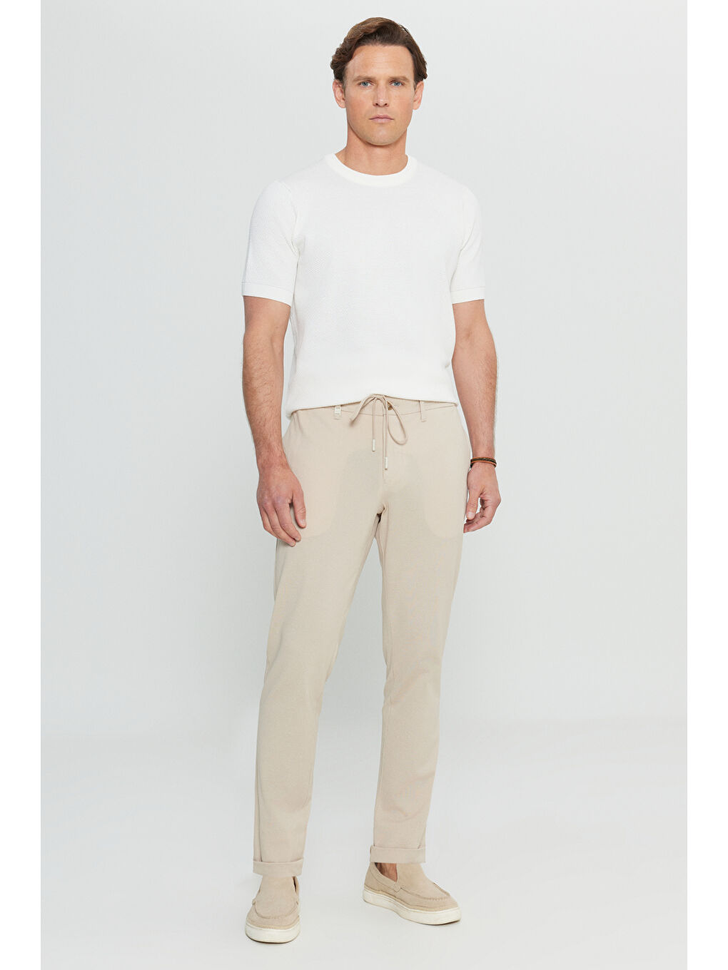 Erkek Bej Pamuklu Slim Fit Dar Kesim Beli Bağlamalı Yan Cepli Esnek Pantolon-1