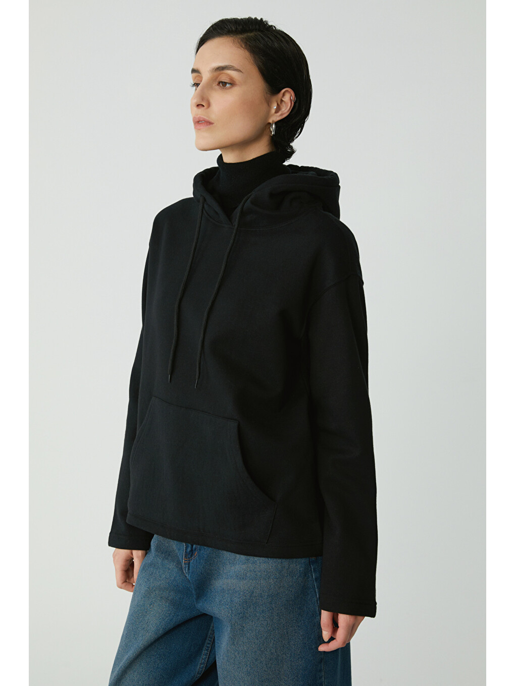 Pıper Kadın Içi Polarlı Yumuşacık Comfort Fit Kapüşonlu Kanguru Cepli Siyah Sweatshirt-3