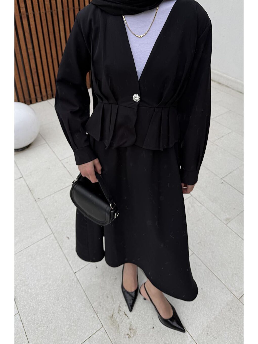 Düğme Detaylı Etek-Ceket Tesettür Takım Siyah-1