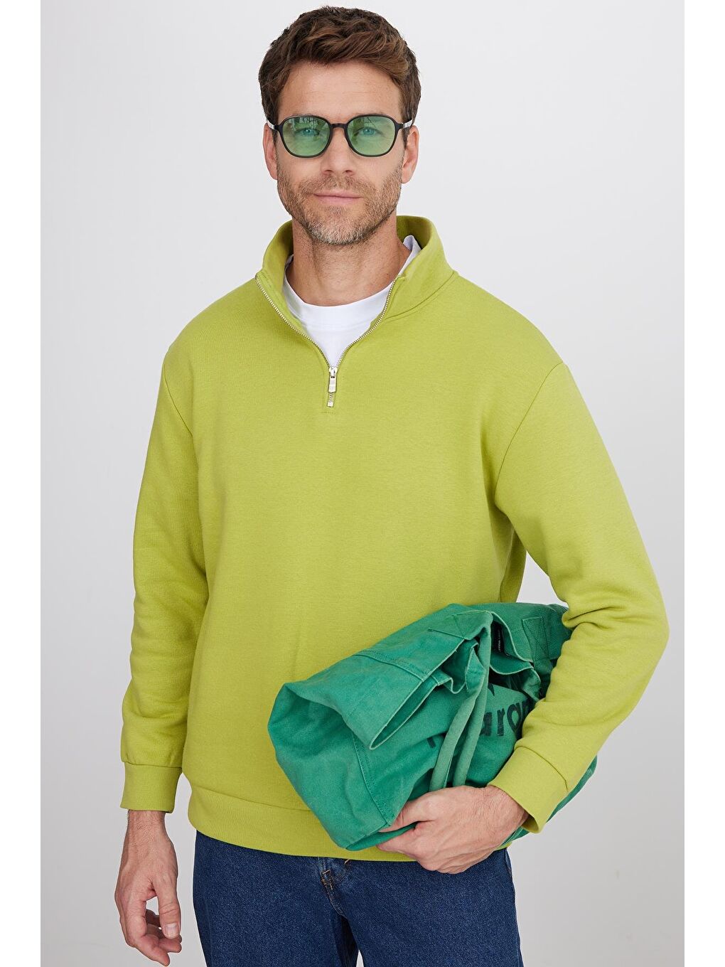 Unisex Relax Fit Rahat Kesim Pamuklu İçi Polarlı Yarım Fermuarlı Yeşil Dik Yaka Sweatshirt-4