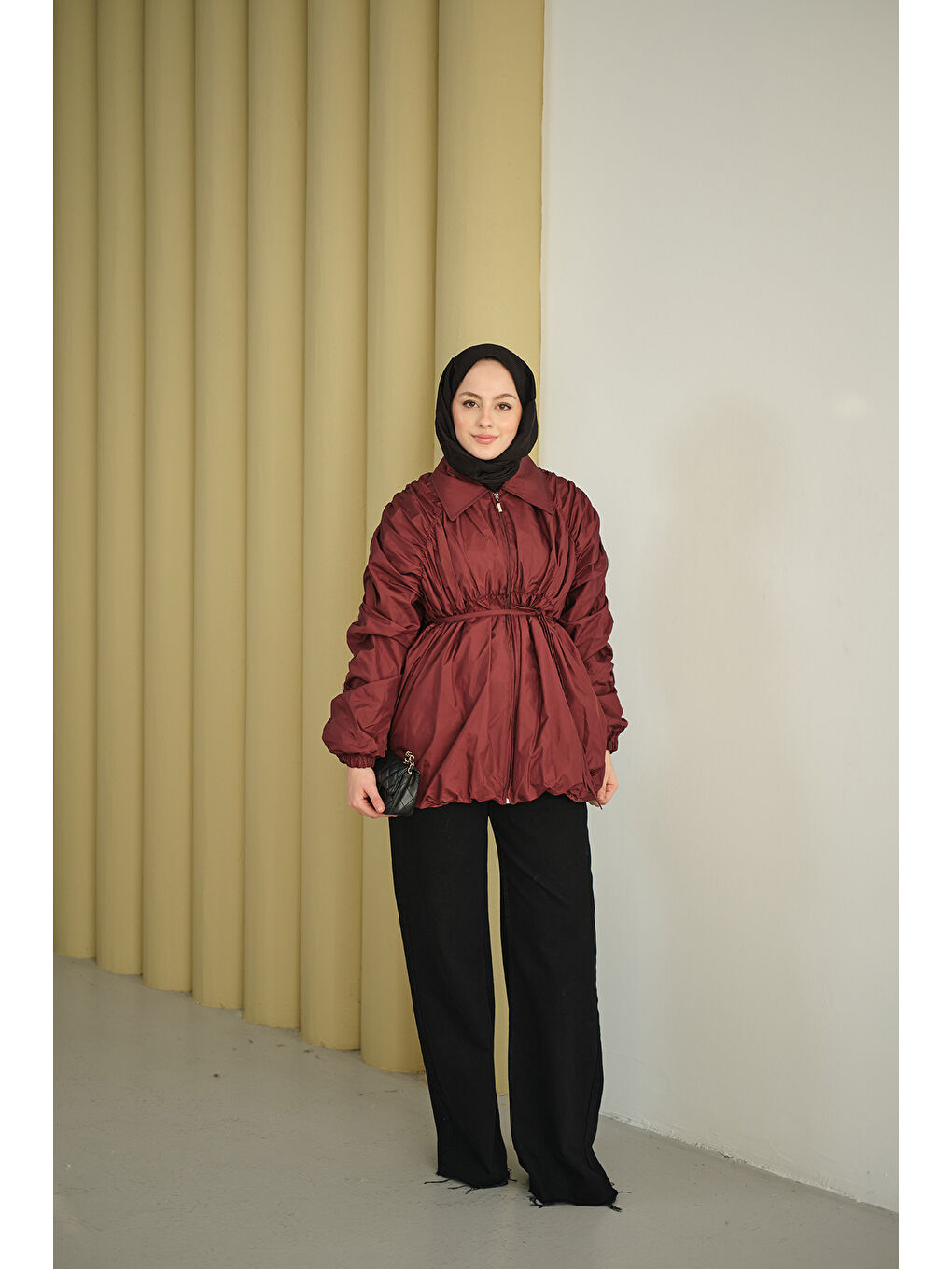 Kadın Büzgü Detay Paraşüt Ceket Bordo-1