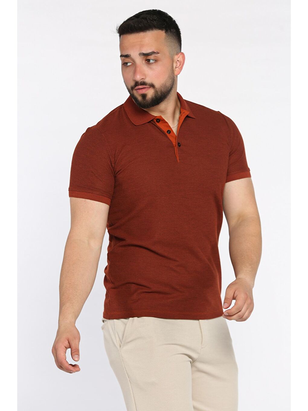 Kahverengi Erkek Polo Yaka Yarım Düğmeli Tişört-1
