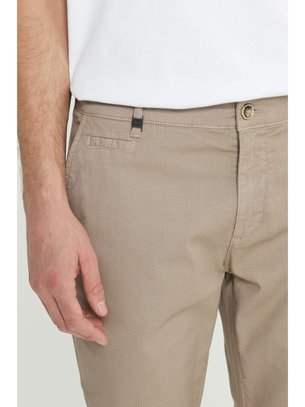 Erkek Bej Pamuklu Slim Fit Dar Kesim Yan Cepli Armürlü Esnek Casual Pantolon-3