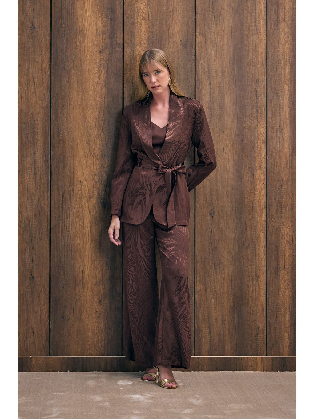 Kahverengi Yüksek Bel Desenli Pantolon - Kahve-4