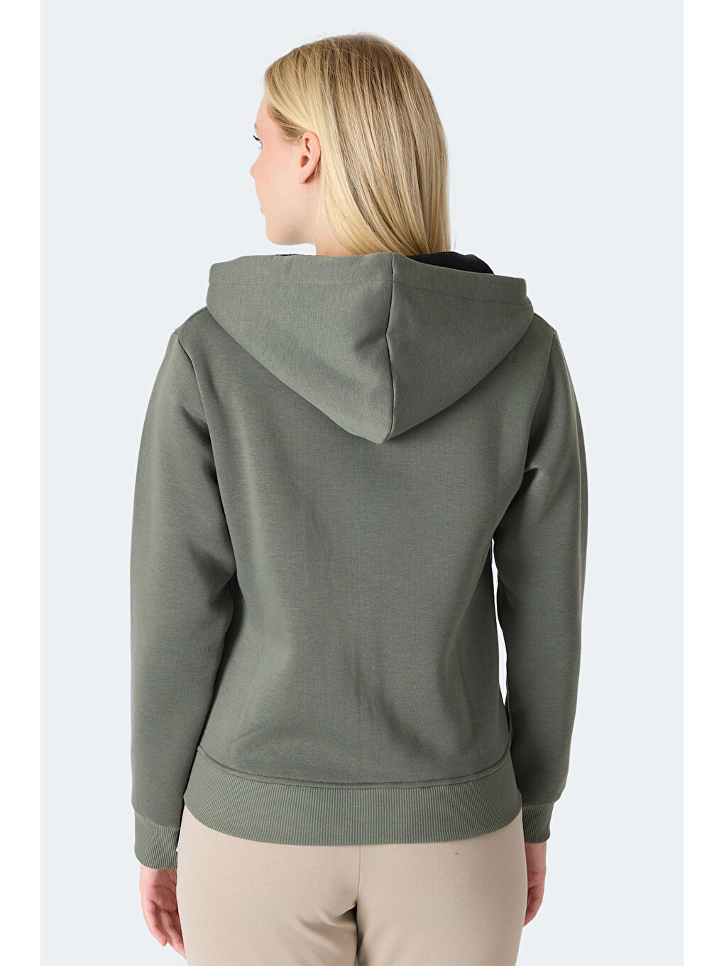 MILIO I Kadın Fermuarlı Kapüşonlu Cepli Haki Sweatshırt-2