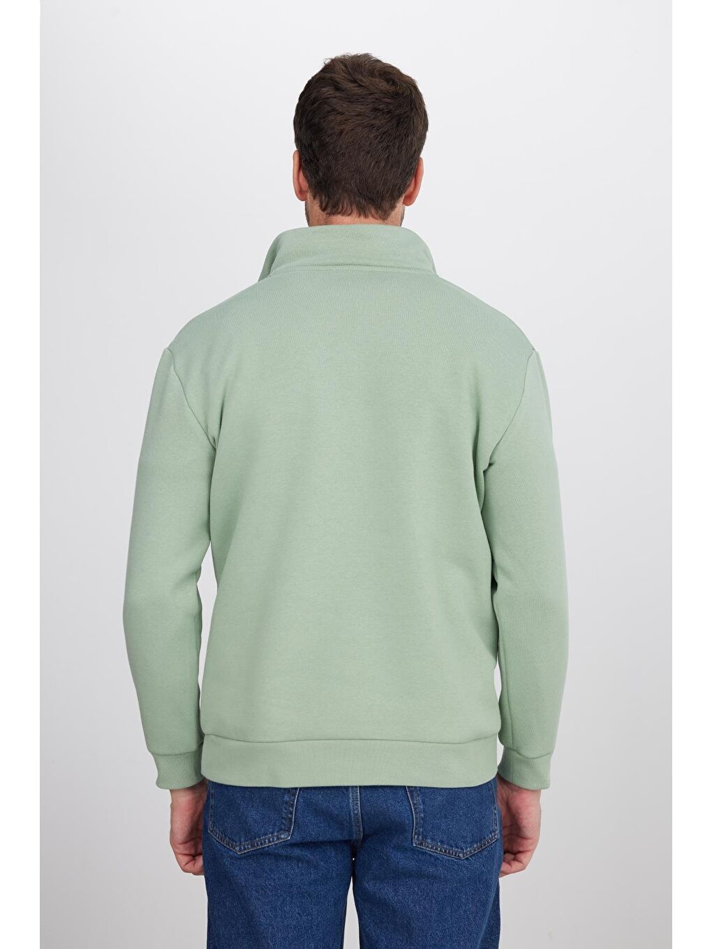 Unisex Relax Fit Rahat Kesim Pamuklu İçi Polarlı Yarım Fermuarlı Yeşil Dik Yaka Sweatshirt-6
